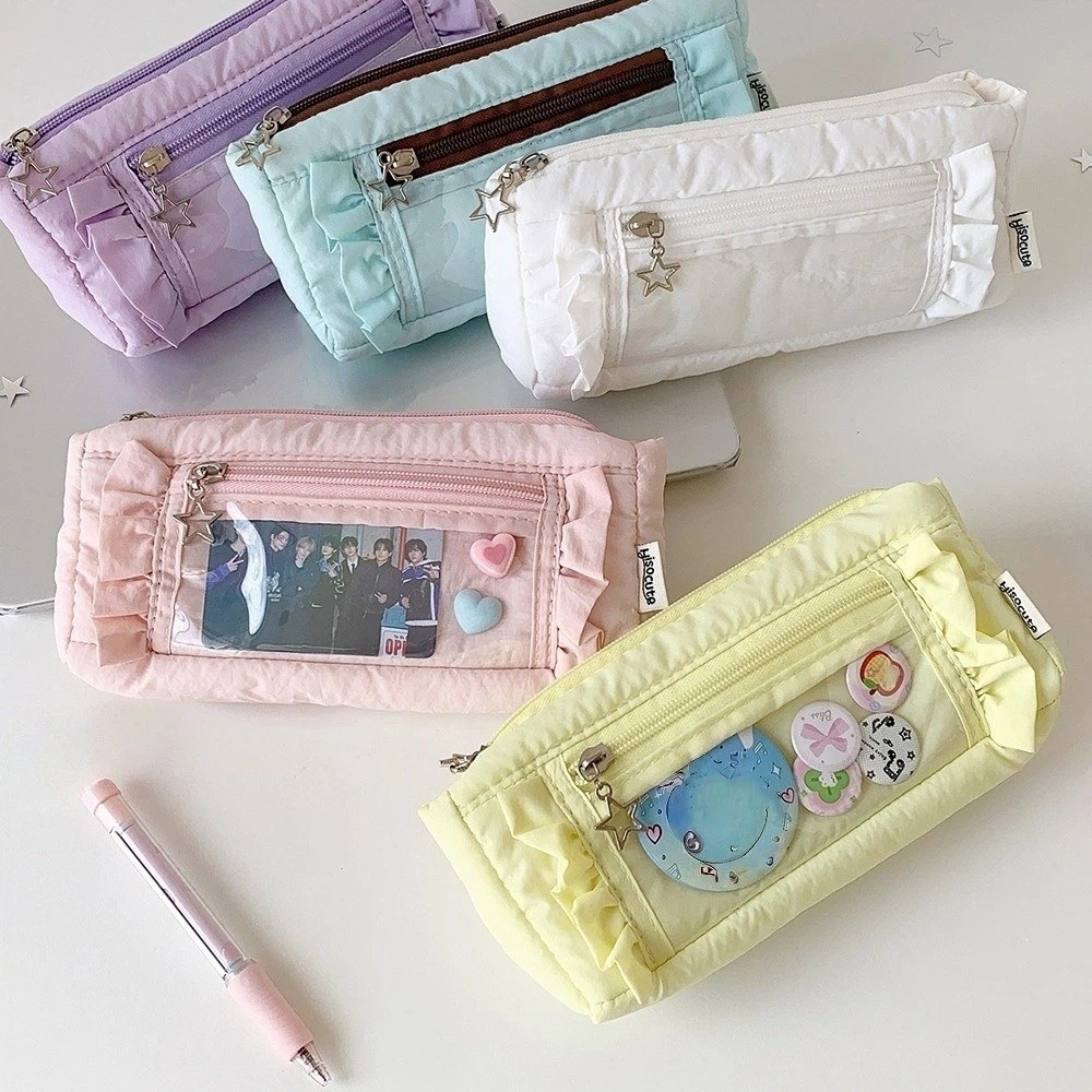 Aesthetic Large Pencil Case Pouch - Корейский пенал с рюшами и звездами,